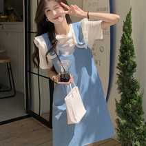 bygm 키 작은 여름옷에 시크한 여성복 발랄한 염계 거리 튀김 데님 멜빵 원피스 투피스, 코트 라이트 블루 스커트 