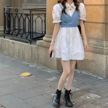 데님원피스 하이웨이스트 캐미솔 미니 우아한 퍼프