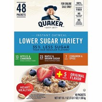 퀘이커 오트밀 시리얼 로우 슈가 버라이어티 팩 48봉 1박스 Quaker Instant Oatmeal Lower Sugar 4 Flavor Variety Pack Individual Packets 48 Count, 1set