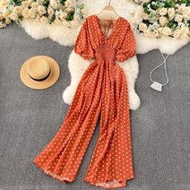 티류으스 점프수트/땡땡이/다양한색상/와이드팬츠/반팔/휴양지룩/리본