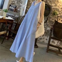 투비전스토어 데님청원피스 파란색과 흰색 세로 줄무늬 민소매 드레스 여성 여름 원피스 v-넥 플러스 사이즈 긴 모시와 발목 조끼 스커트