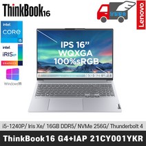 [레노버]ThinkBook 16 G4+ IAP 21CY001YKR i5-1240P/Iris Xe/WQXGA/100%sRGB/IPS/DDR5/Win11 Home, WIN11 Home, 16GB, 256GB, 코어i5, 그레이