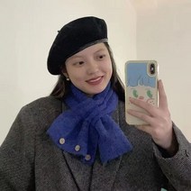 ZDD 여성 리본형 무지 골지 니트 머플러 단추 포인트 고리 쁘띠목도리 겨울 코디 7컬러