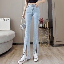 네일 비즈와 새로운 한국 패션 캐주얼 데님 여성 바지 여성 빈티지 streetwear ol 하이 웨이스트 스플릿 밑단 여성 청바지 2