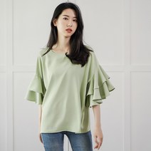 2022 여름 블라우스 라운드 칼라 더블 프릴 숄더 블라우스