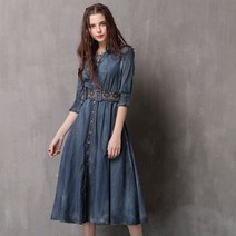 마법고양이성 V 넥 자수 데님 레트로 벨트 슬리밍 원피스 A82083 슬림핏 강남며느리룩 데일리웨어