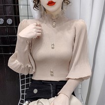 가을 반폴라 슬림 퍼 니트 여 쉬폰 패치 긴팔 이너 이너 톱