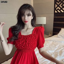 DFMEI 프렌치 디자인 소소한 퓨어 컬러 원피스 여 여름 꽃무늬 퍼프 기질 조거 A라인 미디스커트