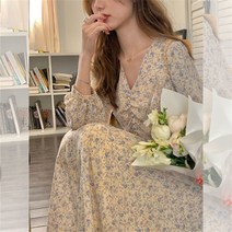 여성 빈티지 퍼프소매 플라워 원피스 춘추용 쉬폰 원피스 WZB