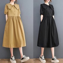 리틀깽스 빅사이즈 44~88 빅카라 여성스러운 루즈핏 허리 스트링 퍼프소매 여름 리본 마 린넨 롱원피스 여름휴가패션
