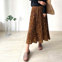 네모엔룩 여성용 호피롱플리츠 레오파드 허리밴딩 주름라인 플리츠 맥시 롱 스커트 NL