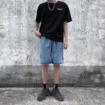 여름 패션 심플 블루 5점 청바지 남성 느슨한 와이드 레그 사이드 찢어진 반바지