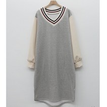 퍼니걸스 5849 브이넥 기모 배색 소매 퍼프 롱 원피스 여성의류