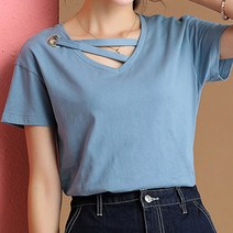 Joyce shop 오래달리기 포르테 여성 봄 여름 반팔티 반팔티셔츠 빅사이즈 V넥 브이넥 반소매 기본 여자 코튼 면 의류 티 티셔츠 라운드 레터링 나염 린넨 반팔