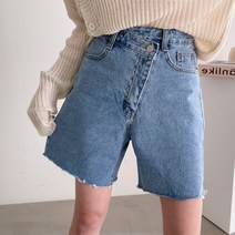 [블루레몬] 사선 지퍼 4부 데님 팬츠 청반바지 A라인 국내제작 유니크 중청 와이드 밑단 난스판 여름 봄 가을
