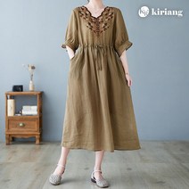 키리앙 스펜 자수 물결넥 에스닉 원피스