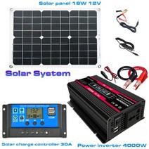 태양광발전 태양열설치 태양열패널 4000W 자동차 전원 인버터 태양 전지 시스템 키트 듀얼 USB 전압 변압기 수정 사인파 30A 컨트롤러 12V 110V 220V, Black 12V to 110V