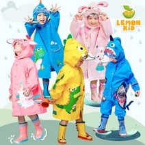 YUEER [ 기본형+바지형+5 colors ] 어린이 우비 유아 레인코트 아동용 비옷 가방형 우의 키즈 여아 남아 초등학생 레몬키드 입체 캐릭터 우비+파우치 세트 국내배송
