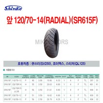Shinko 신코(신흥)타이어 앞 120/70-14(RADIAL)(SR615F)/큐쓰리(SV250) 조이맥스 스티져(QL125)