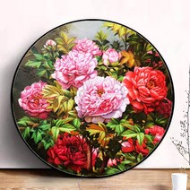 부귀영화를 상징하는 목단꽃 원형 보석십자수 화려하고 고운 모란꽃 비즈그림, 50x50cm