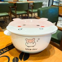 예쁜 그릇 집들이 선물800ml 귀여운 강아지 세라믹 그릇 일본라면 패스트 푸드 뚜껑 인스턴트 국수 대용량, 03 Hippo