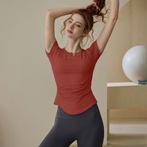 필라테스복 가슴패드달린 요가복여성 여름 옷 복조깅 필라테스전문 헬스 상의 고급감 스커트운동 반팔 T셔츠, C12-빨간색 패드불포함