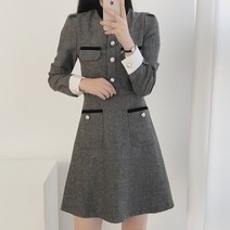 벨벳 배색 진주 하이넥 긴팔 A라인 플레어 미니 원피스