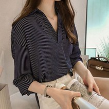 여자 캐주얼 오피스룩 단추 없는 스트라이프 7부 셔츠