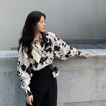 Makone 여자 봄가을 상의셔츠 여 봄가을 프린트 셔츠 겉에 코디 상의 외투를 입다
