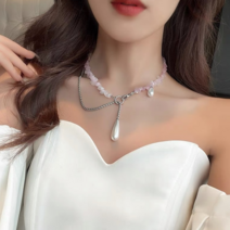연예인 핑크 천연석 진주 포인트 연인 선물용 고급스런 패션 천연석 진주 목걸이