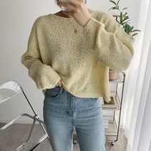 뜨개진 여성용 루즈핏 부클 꼬리사 크롭 렉스 보트넥 니트