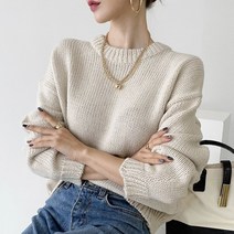 오오엘 여성용 루즈핏 데일리 도톰 라운드 니트