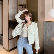 가을 여성 트위드 크롭 자켓 노카라 금장 간절기 재킷