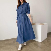 셔링 밴드 플레어 데님 롱 셔츠 원피스