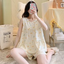 미니에어컨 여름 여성잠옷 뉴타입 무명 에어컨 홈웨어 스위트 소녀 타입학생 외부착용가능 빅사이즈 비단 세트 얇은, T03-XL, C03-일월 베이지