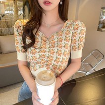 트루픽 봄 가을 하이틴 반팔 플라워 니트 크롭 퍼프 스퀘어넥 티셔츠