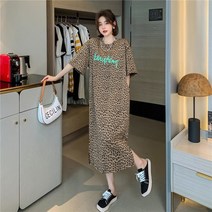 루즈핏 빅사이즈 호피 반팔 여성 여름 라운드넥 일상 원피스