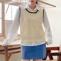 가을 키작은 여자 레이어드 라운드넥 라인 배색 꽈배기 크롬 숏 니트 조끼 베스트