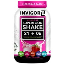 INVIGOR8 슈퍼푸드 단백질 쉐이크 및 면역 부스터 - 프로바이오틱스와 오메가 3를 함유한 글루텐 프리 비 GMO 식사 대체 쉐이크 /Sports Nutrition, Natural Strawberry, Natural Strawberry