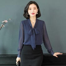 위코브 시무식 도트 로즈프릴 긴팔 블라우스
