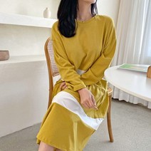 오슈 여성 청순한 무드있는 배색 긴팔 싱글 롱원피스