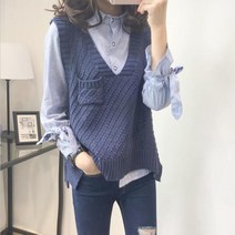 우먼써스데이아일랜드니트조끼크롭 아가일 체크패턴 배색 브이-넥 여자 오버핏 니트조끼, 화이트[싱글 조끼]