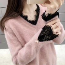 빌리즈빈 겨울 여성 레이스 브이넥 앙고라 니트티 7379
