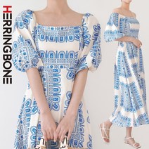 헤링본 비치원피스 롱 맥시 빅사이즈 5부 반팔 퍼프 스퀘어넥 페이즐리 에스닉 바캉스 휴양지 비치웨어 HG130