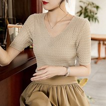 스타일아유 여성 여름 슬림 벌집 패턴 브이넥 반팔티 니트 티셔츠