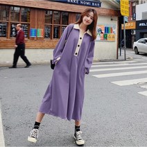 Momolatti 여성 배색 빅사이즈 주머니 맨투맨 롱 기장 캐쥬얼 원피스