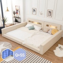 고릴라가구 허그 LED 패밀리침대 [양쪽가드형Q+SS]+독립 볼라텍스50매트 포함, 딥네이비