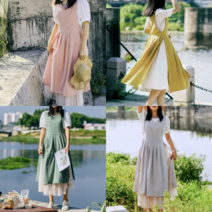 윤스테이 해방타운 앞치마 원피스형 보육교사 선물 동백이 공효진 장금이 이영애 카페용 린넨, 핑크