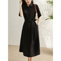 여름 린넨 칼라 셔츠 리본 벨트 블랙 반팔 롱원피스