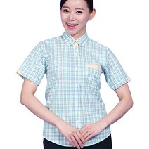 [ UBS22 ] 연두색/체크무늬/여자용/여성용/서빙복/유니폼/호텔용/식당용/써빙용/여셔츠/반팔/반소매/블라우스